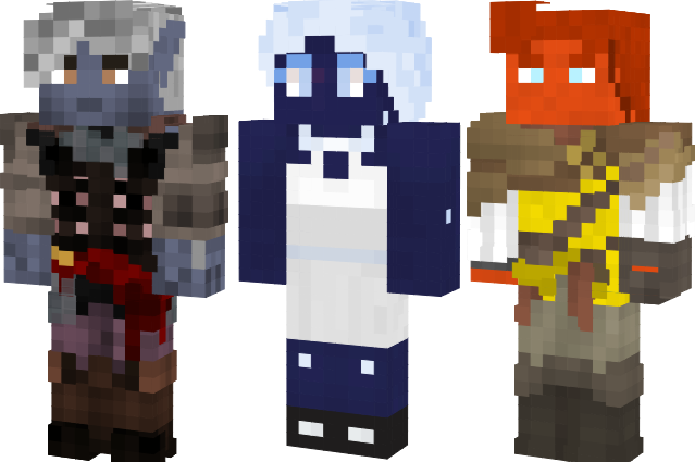 3 examples of Caeli Minecraft skins. They vary in skin colour, hair colour, and dress.