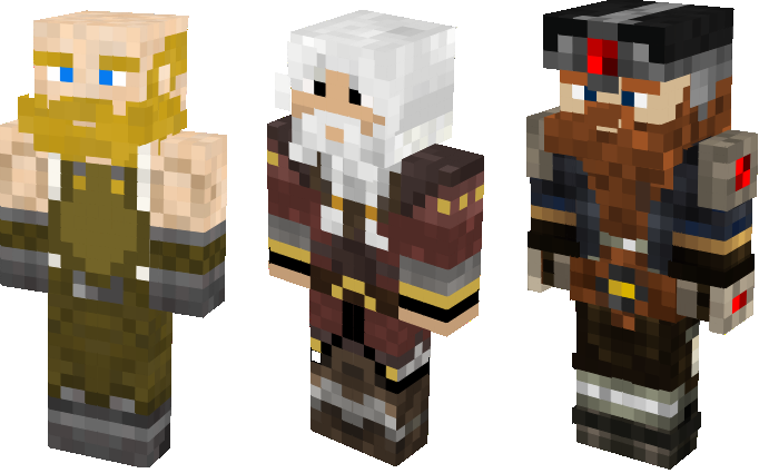 3 examples of Dwarven Minecraft skins. They vary in skin colour, hair colour, and dress, within the confines of natural human colours. All have long beards.