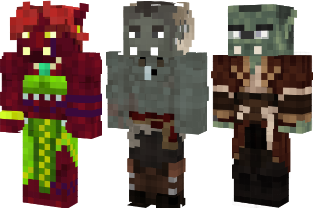 3 examples of Hjen Minecraft skins. They vary in skin colour, hair colour, and dress.