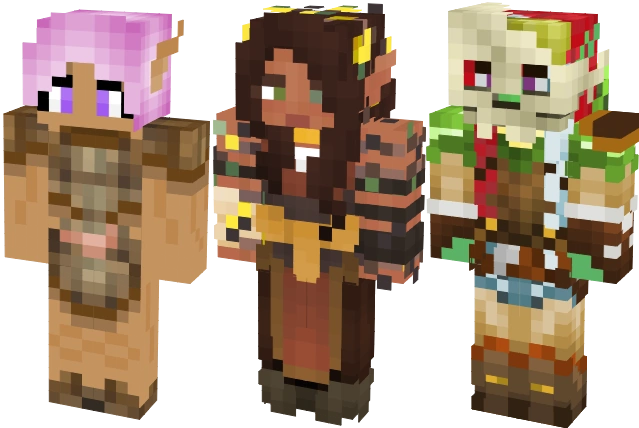 3 examples of Kihai Minecraft skins. They vary in skin colour, hair colour, and dress.