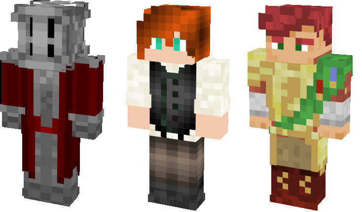 3 examples of Lambent Front Minecraft skins. They vary in skin colour, hair colour, and dress, within the confines of natural human colours. One is hidden by a full suit of armour.
