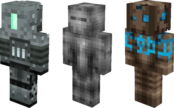 3 examples of Myriad Minecraft skins. They appear to be metallic or even stone-like.