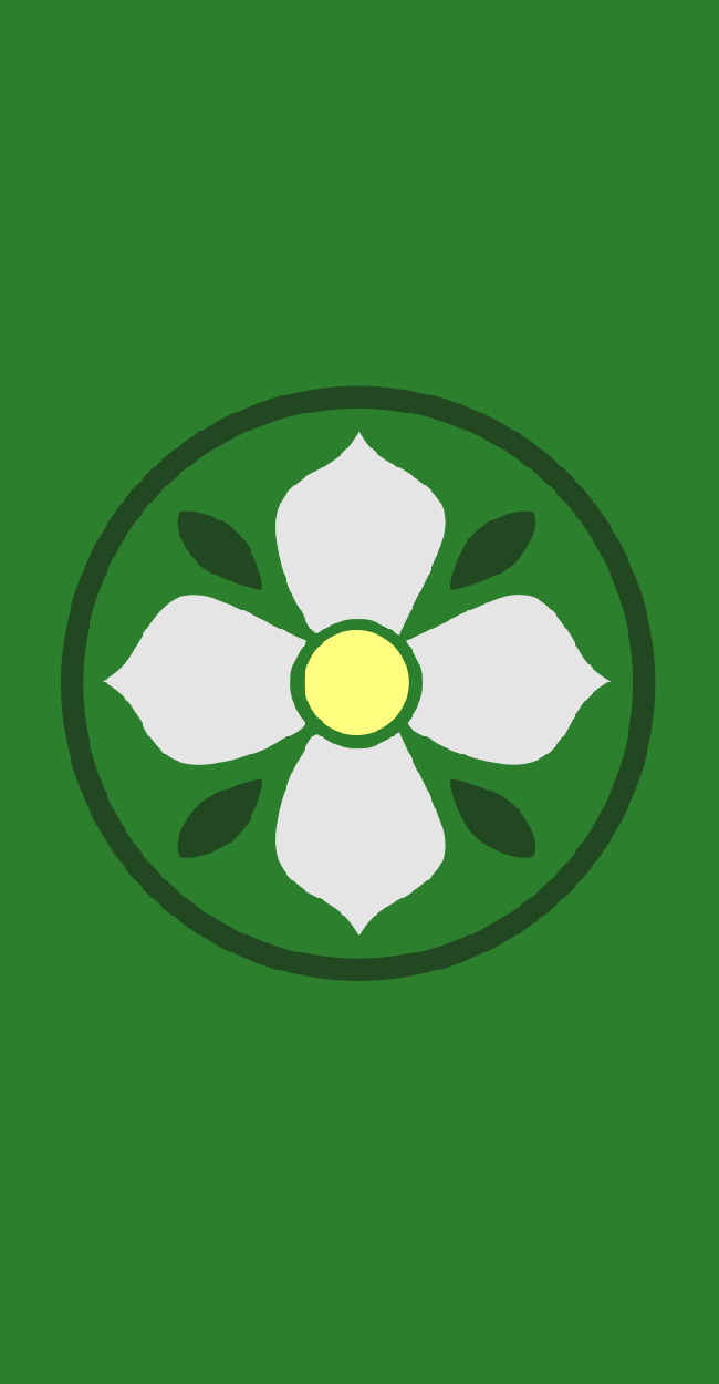 Wildchoir Flag: A white flower on a dark green field.
