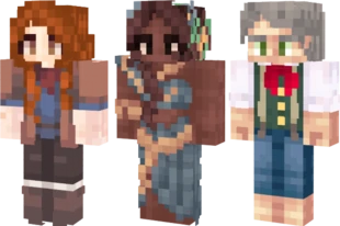 3 examples of Cuthail Minecraft skins. They vary in skin colour, hair colour, and dress, within the confines of natural human colours.