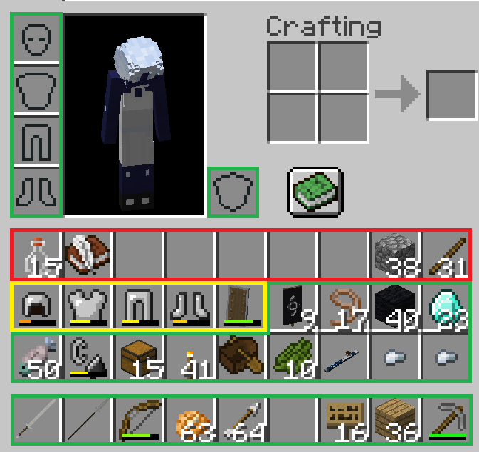 A screenshot of the Minecraft inventory with certain sections highlighted to indicate which items will be included in a death chest.