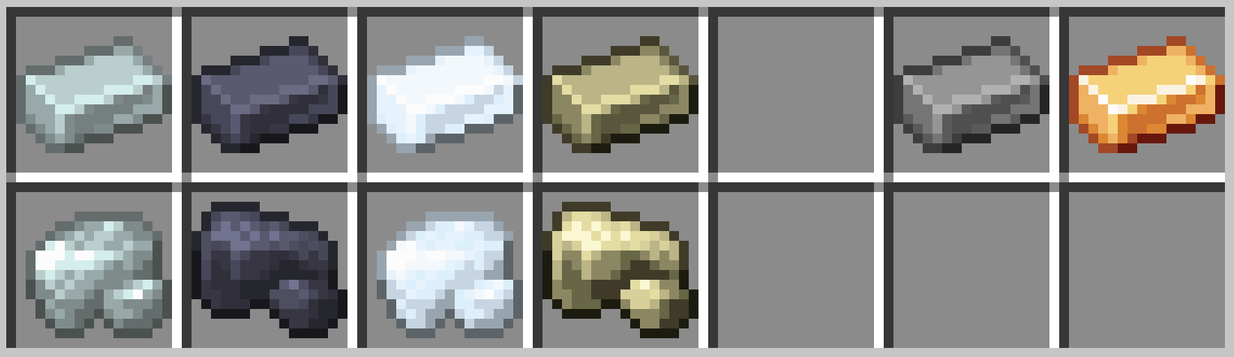 A minecraft grid showing various ores and their ingot forms