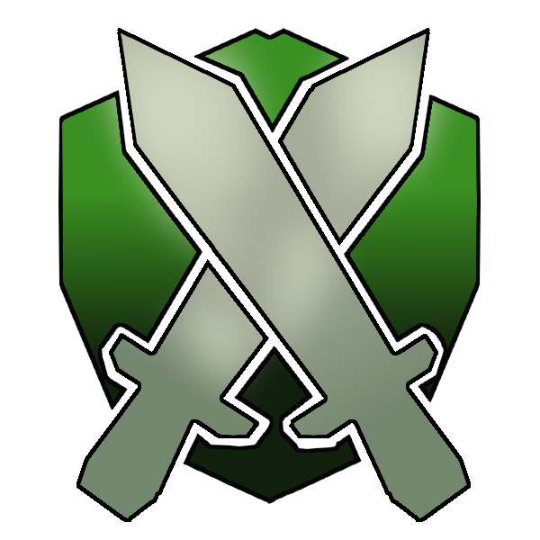 Two swords crossed over a green shield